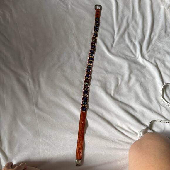 Womens Western Vintage Leather Beaded Belt Silver Buckle - Picture 4 of 7